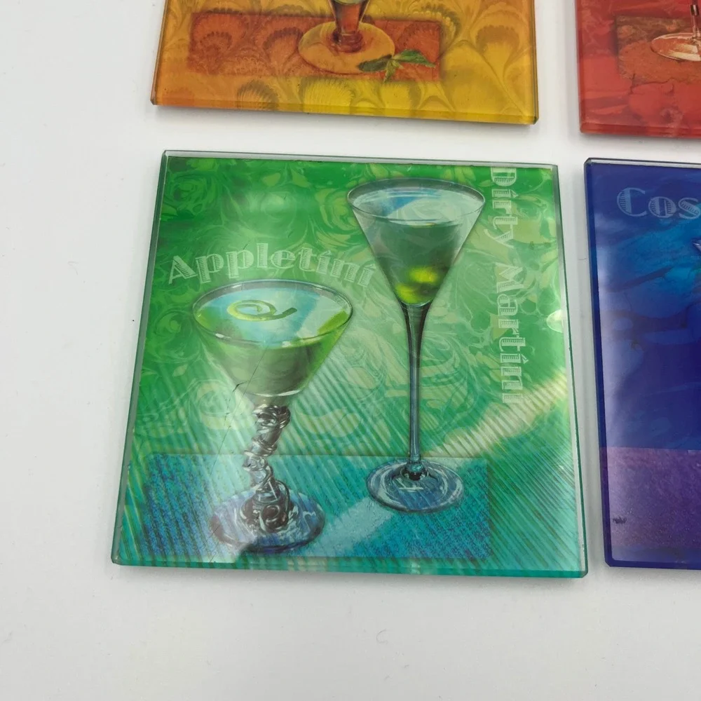 Cocktail Coasters Set of 4, Mojito Martini Cosmopolitan Appletini Drinks Barware